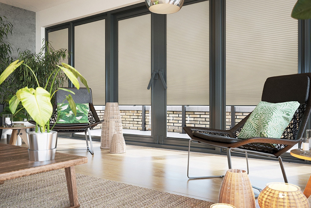 Pleated blinds in a kitchen window